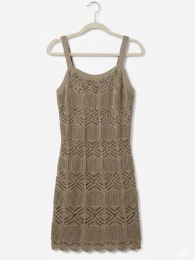 Knit Crochet Tank Dress - Olive Green